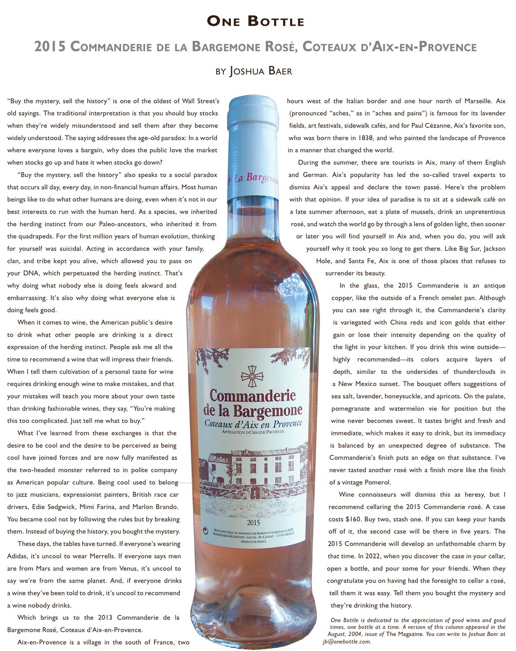 2015 Commanderie de la Bargemone Rosé, Coteaux d’Aix-en-Provence